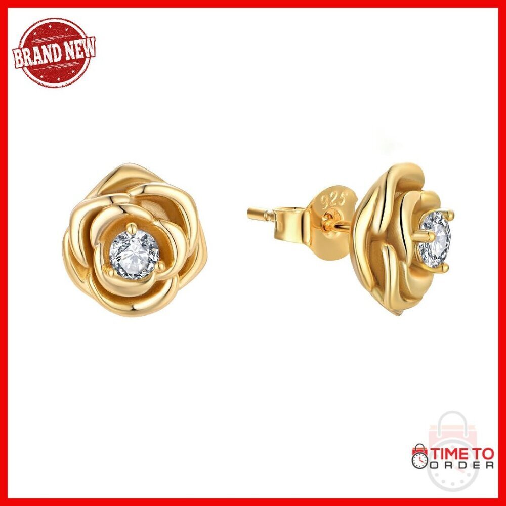 925 Sterling Silver Gold Plated Cubic Zirconia Rose Stud Earrings